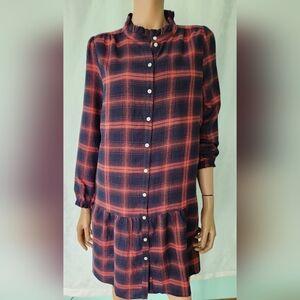 LOFT Plaid Ruffle Neck Button Down Shirt Dress Navy Red Size M